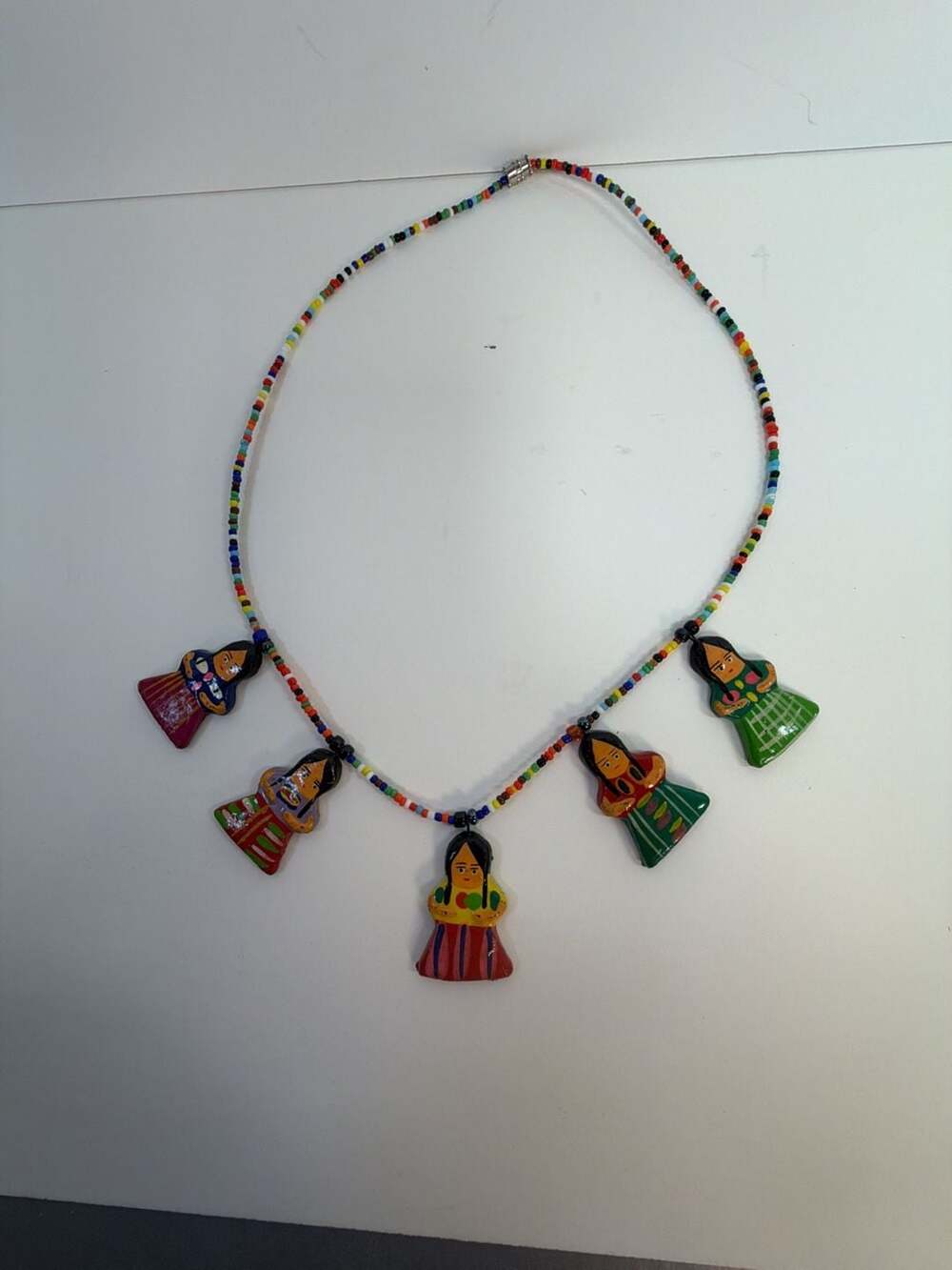 Vintage Hand-Painted Folk Art Doll Charms Necklace with Multi-Colored Seed Beads